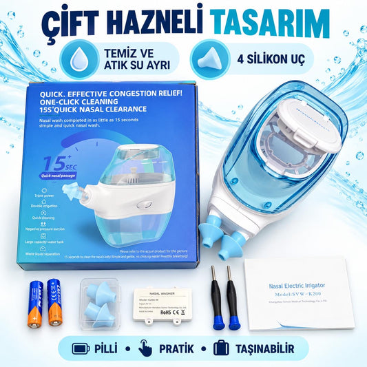 Elektrikli Burun Yıkama Cihazı – Pilli Sinüs Rinse, Burun Tıkanıklığı Açıcı