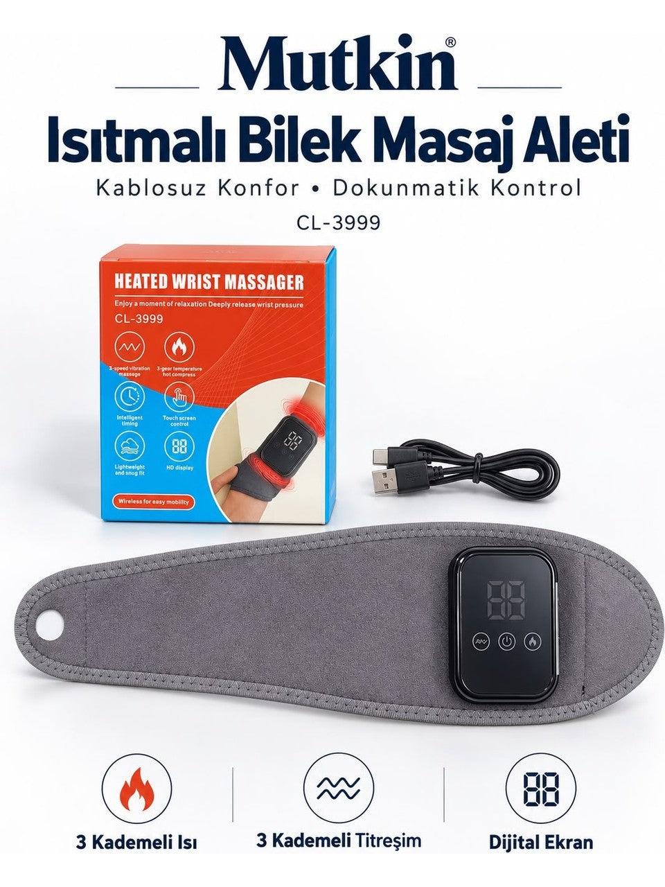 Isıtmalı Bilek Masaj Aleti Kablosuz 3 Kademeli Titreşimli Dokunmatik Ekranlı
