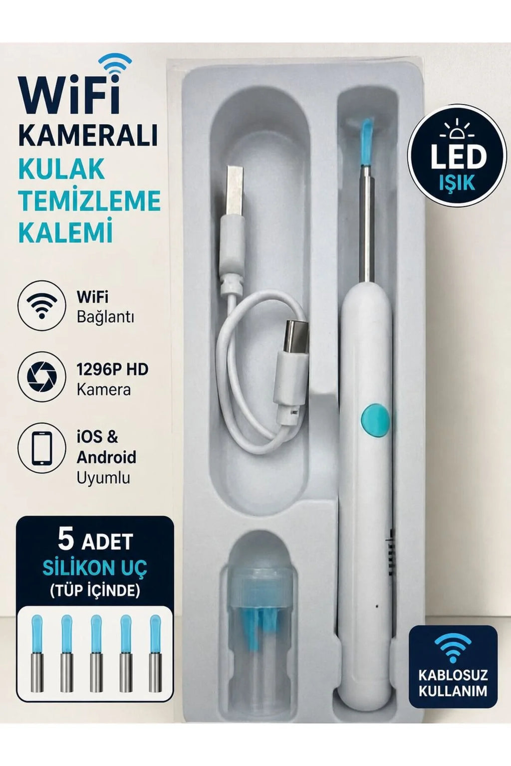 KULAK CİHAZI WiFi Kameralı Kulak Temizleme Kalemi 1296P HD LED Işıklı | iOS & Android Uyumlu | 5 Silikon Uç (Tüp İçinde)