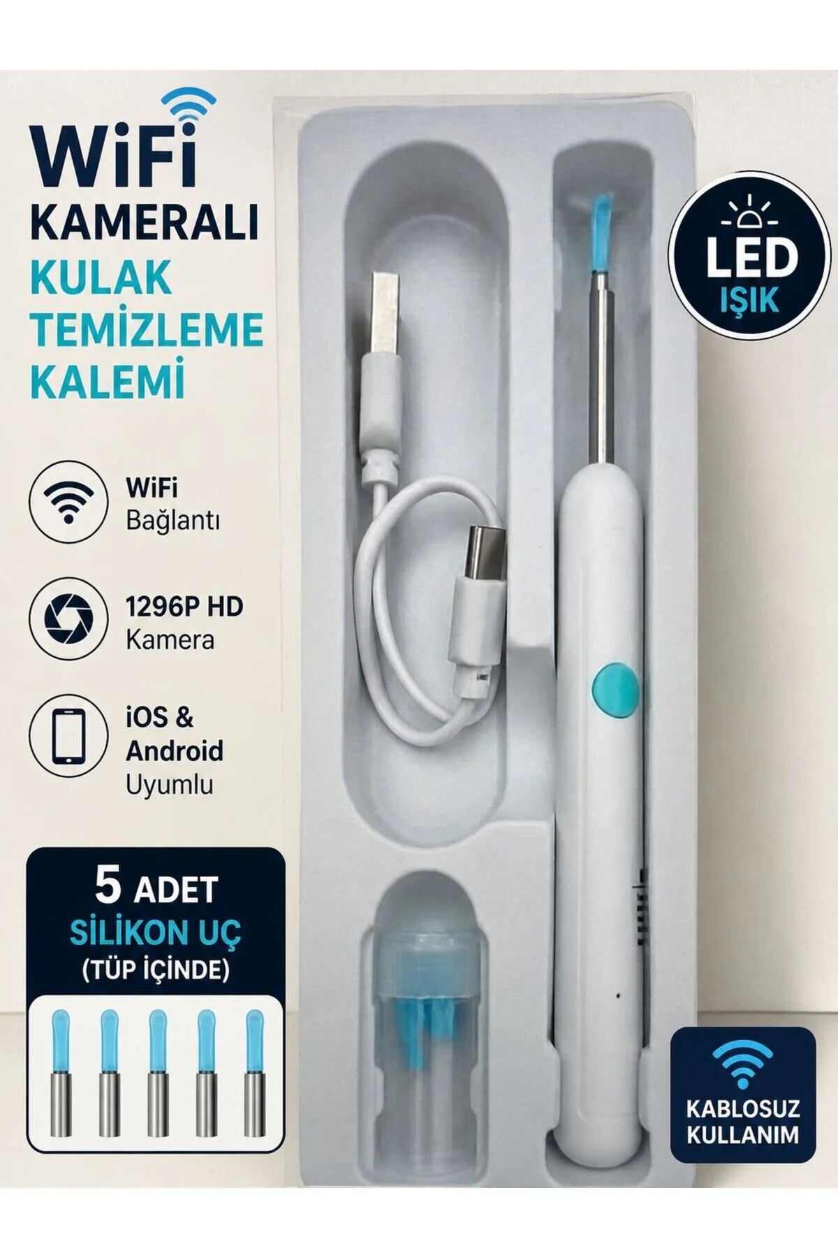 KULAK CİHAZI WiFi Kameralı Kulak Temizleme Kalemi 1296P HD LED Işıklı | iOS & Android Uyumlu | 5 Silikon Uç (Tüp İçinde)