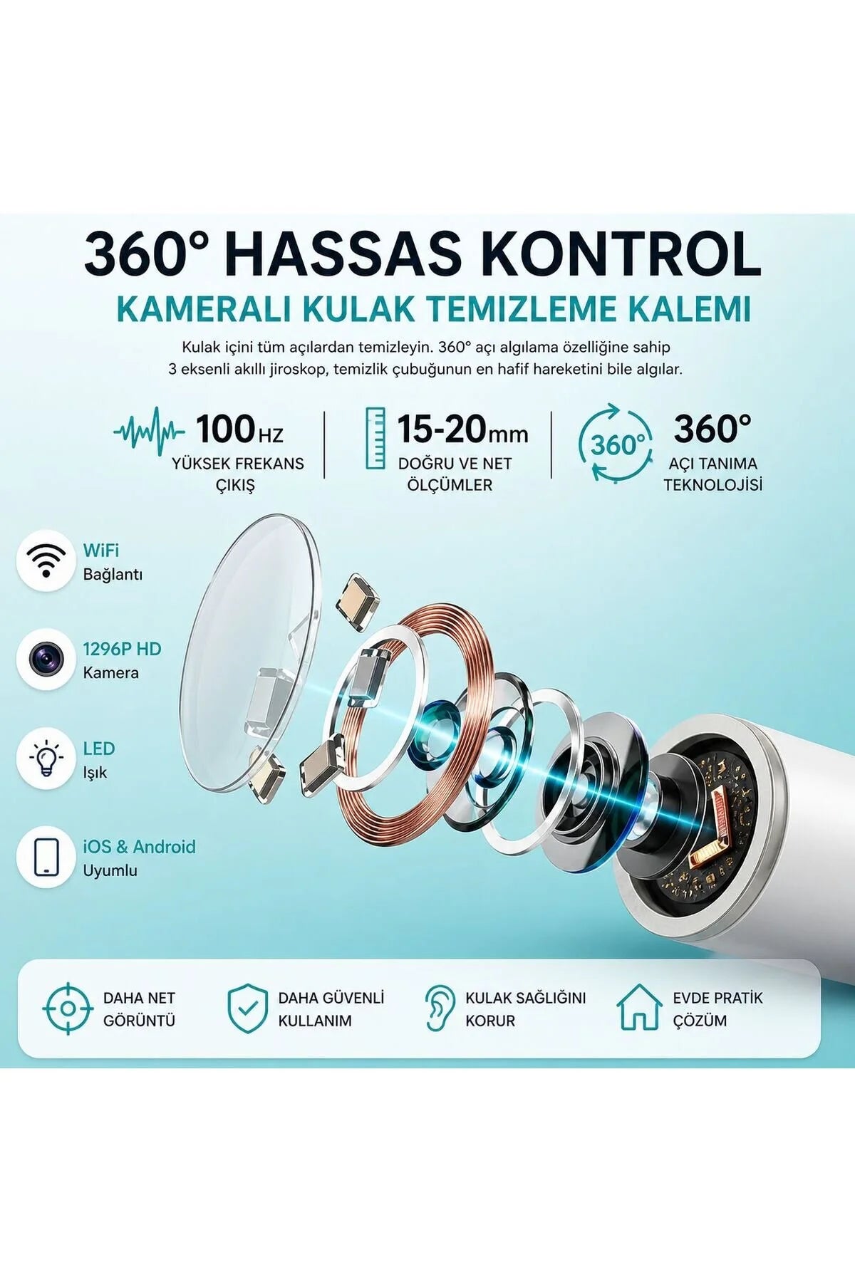 KULAK CİHAZI WiFi Kameralı Kulak Temizleme Kalemi 1296P HD LED Işıklı | iOS & Android Uyumlu | 5 Silikon Uç (Tüp İçinde)