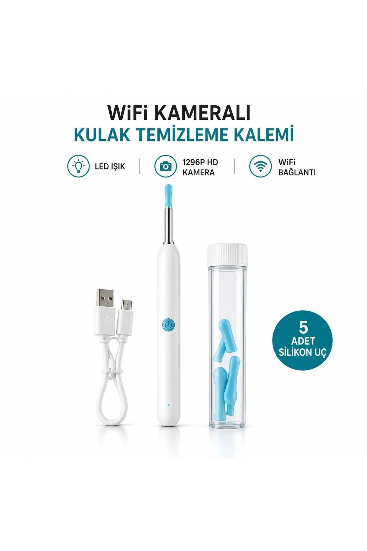 KULAK CİHAZI WiFi Kameralı Kulak Temizleme Kalemi 1296P HD LED Işıklı | iOS & Android Uyumlu | 5 Silikon Uç (Tüp İçinde)