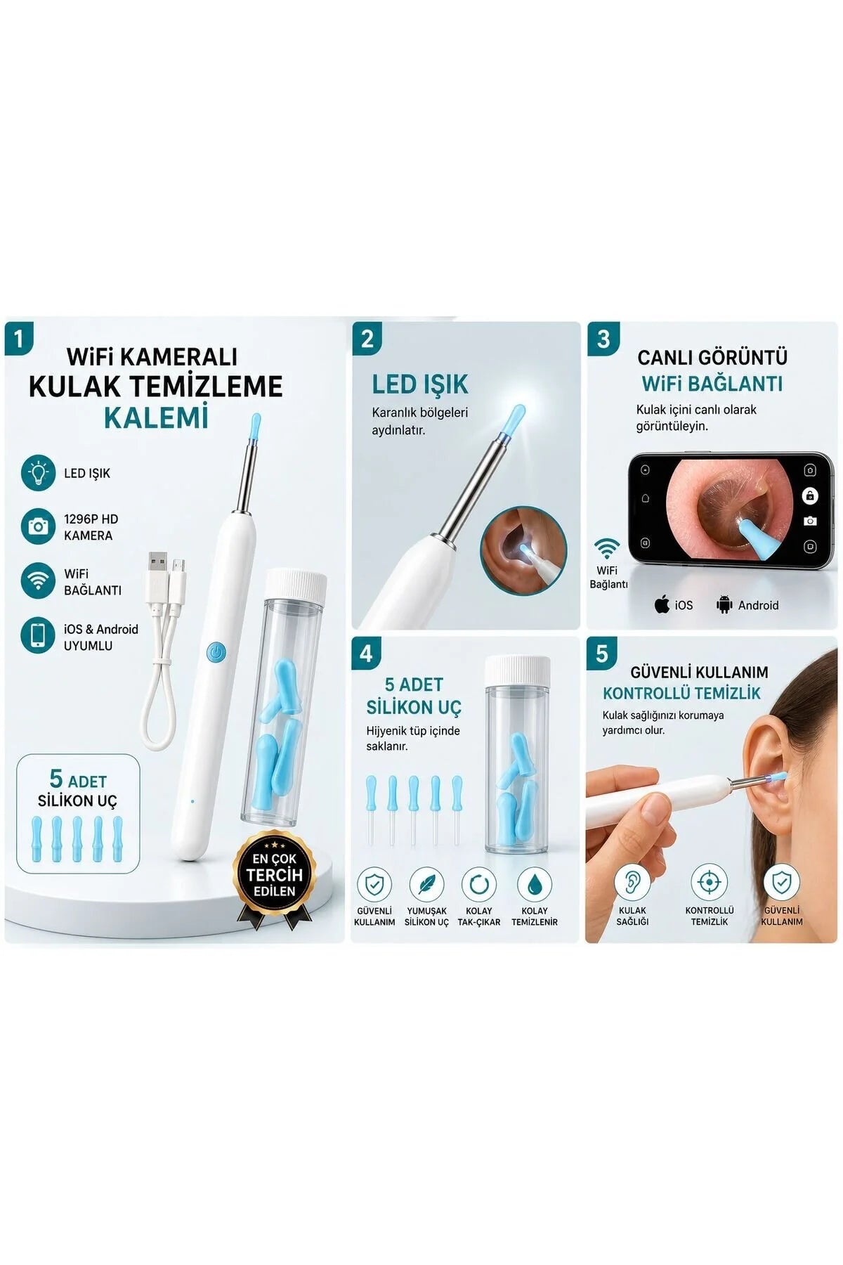 KULAK CİHAZI WiFi Kameralı Kulak Temizleme Kalemi 1296P HD LED Işıklı | iOS & Android Uyumlu | 5 Silikon Uç (Tüp İçinde)