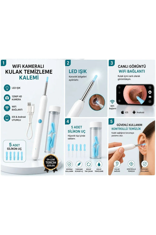 KULAK CİHAZI WiFi Kameralı Kulak Temizleme Kalemi 1296P HD LED Işıklı | iOS & Android Uyumlu | 5 Silikon Uç (Tüp İçinde)