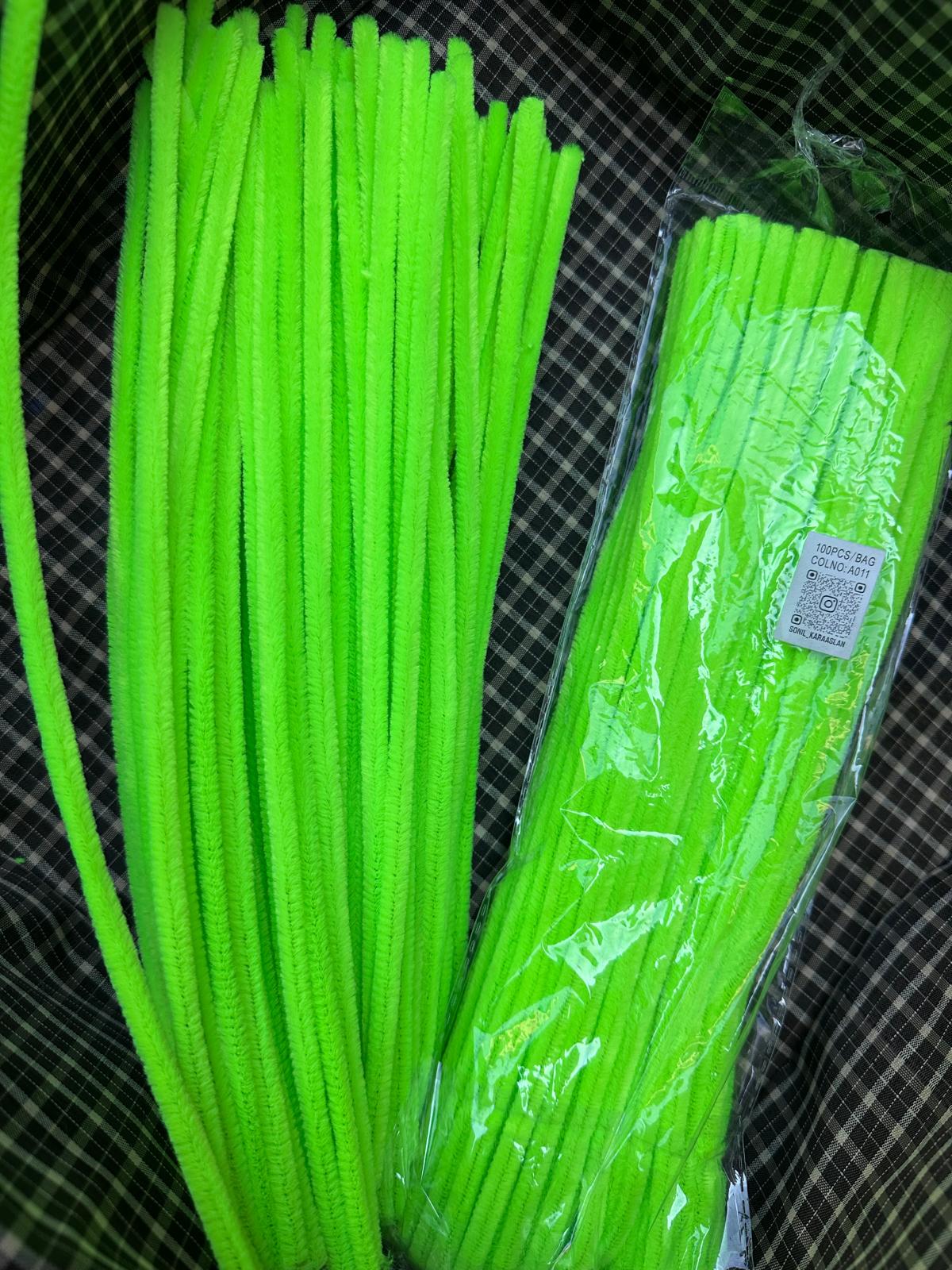 ŞÖNİL 100 LÜ FOSFOR YEŞİL RENK KOD A011 30 CM -🛍️ YOĞUN TÜYLÜ HOBİ ÇUBUĞU TEL EL İŞİ 100 LÜ PAKET💐