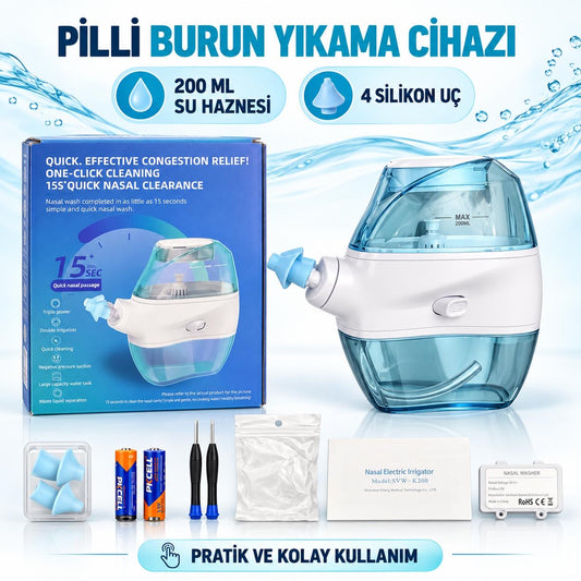 Elektrikli Burun Yıkama Cihazı – Pilli Sinüs Rinse, Burun Tıkanıklığı Açıcı