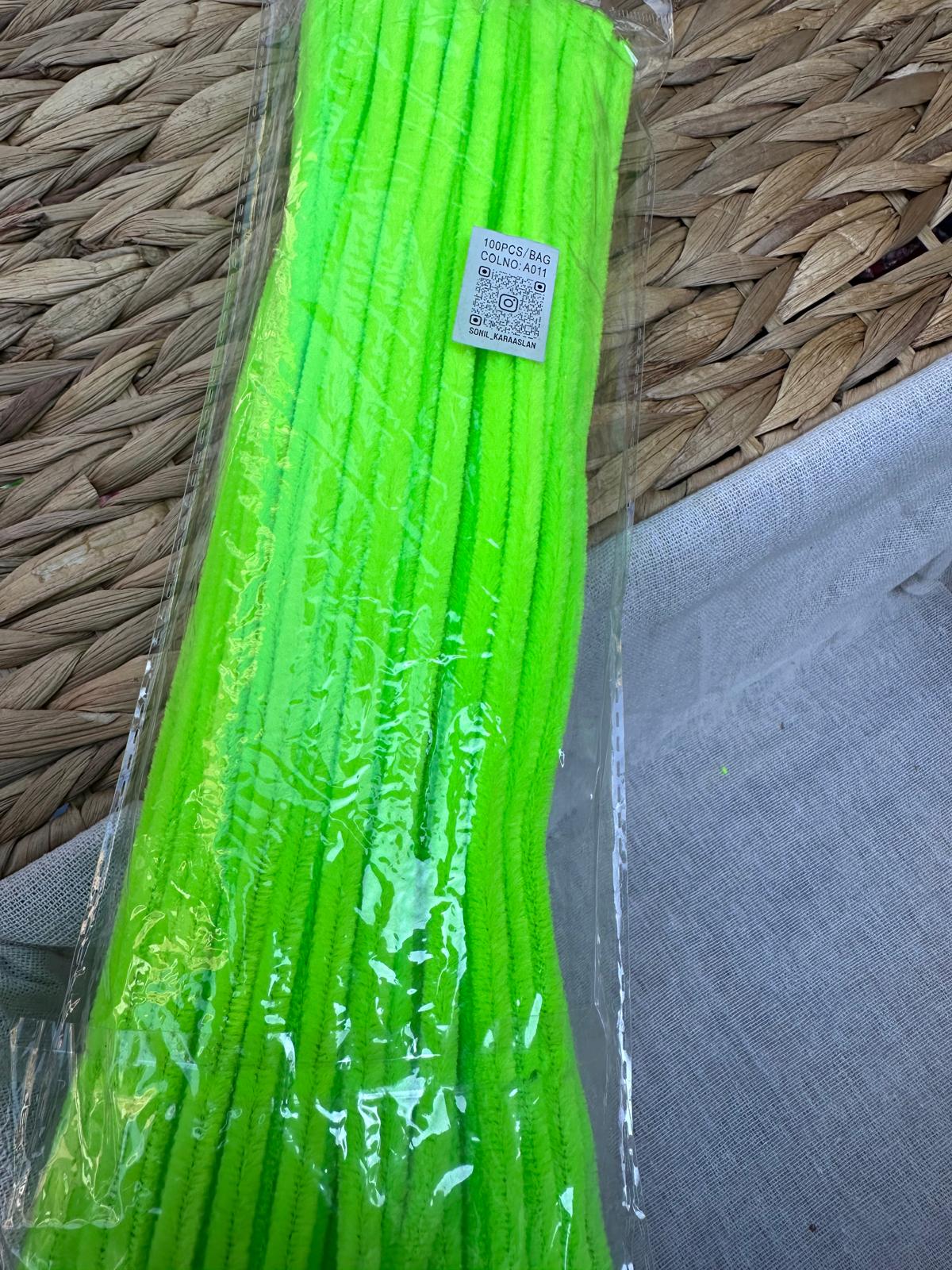 ŞÖNİL 100 LÜ FOSFOR YEŞİL RENK KOD A011 30 CM -🛍️ YOĞUN TÜYLÜ HOBİ ÇUBUĞU TEL EL İŞİ 100 LÜ PAKET💐