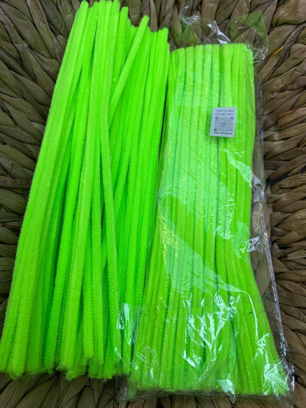 ŞÖNİL 100 LÜ FOSFOR YEŞİL RENK KOD A011 30 CM -🛍️ YOĞUN TÜYLÜ HOBİ ÇUBUĞU TEL EL İŞİ 100 LÜ PAKET💐