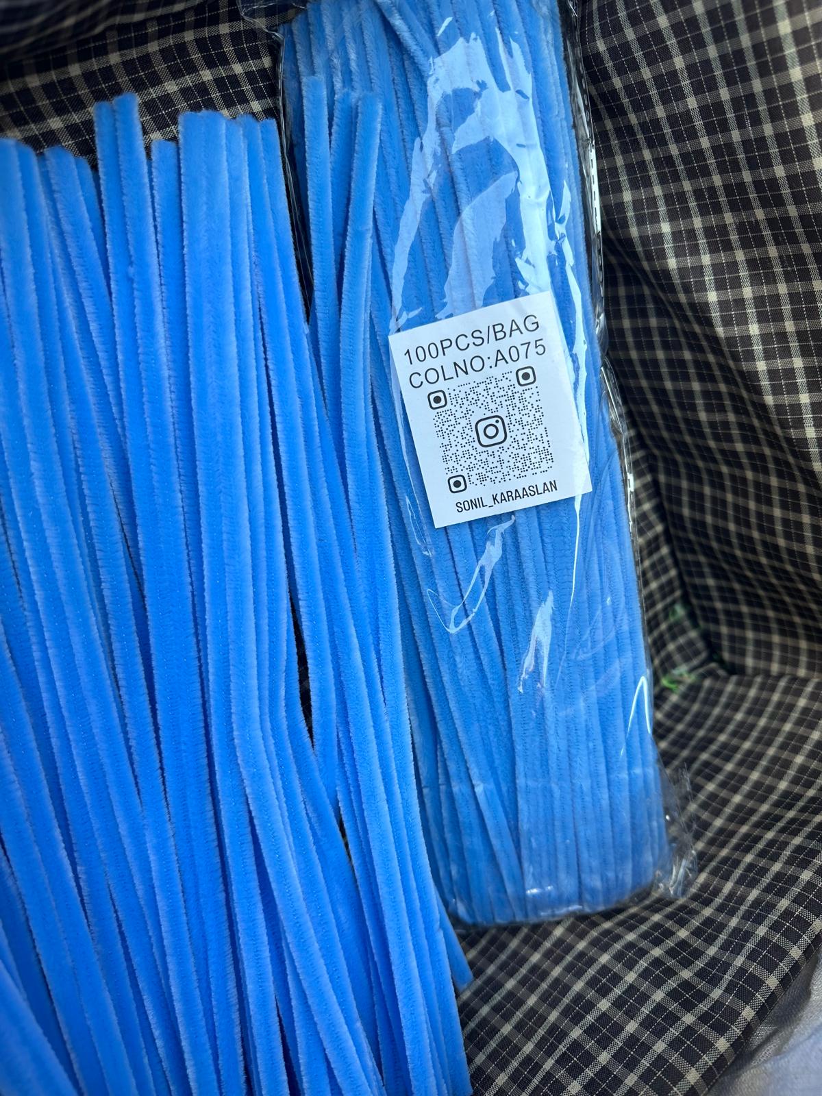 ŞÖNİL 100 LÜ MAVİ RENK KOD A075 30 CM -🛍️ YOĞUN TÜYLÜ HOBİ ÇUBUĞU TEL EL İŞİ 100 LÜ PAKET💐