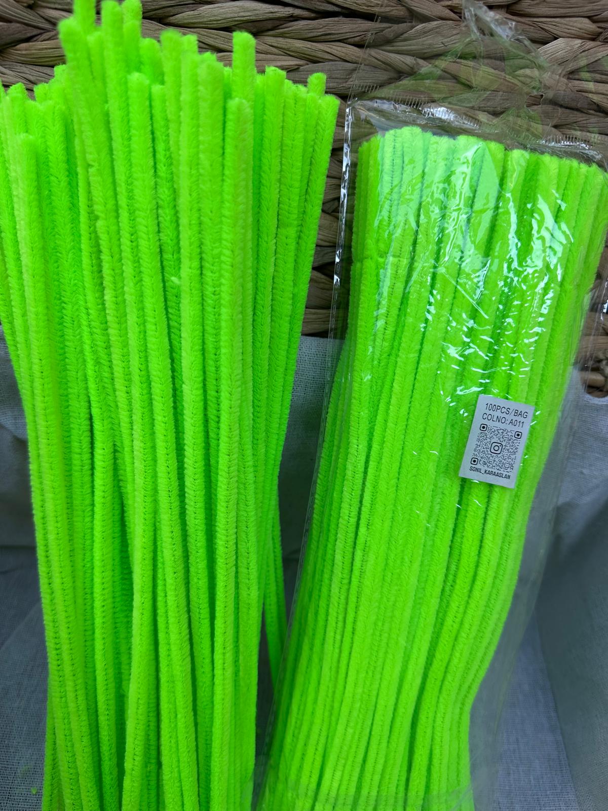 ŞÖNİL 100 LÜ FOSFOR YEŞİL RENK KOD A011 30 CM -🛍️ YOĞUN TÜYLÜ HOBİ ÇUBUĞU TEL EL İŞİ 100 LÜ PAKET💐