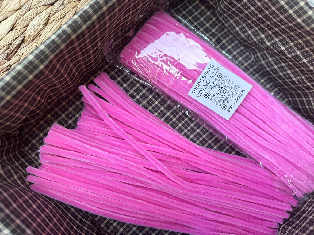 ŞÖNİL 100 LÜ ŞEKER PEMBE RENK KOD A028 30 CM -🛍️ YOĞUN TÜYLÜ HOBİ ÇUBUĞU TEL EL İŞİ 100 LÜ PAKET💐