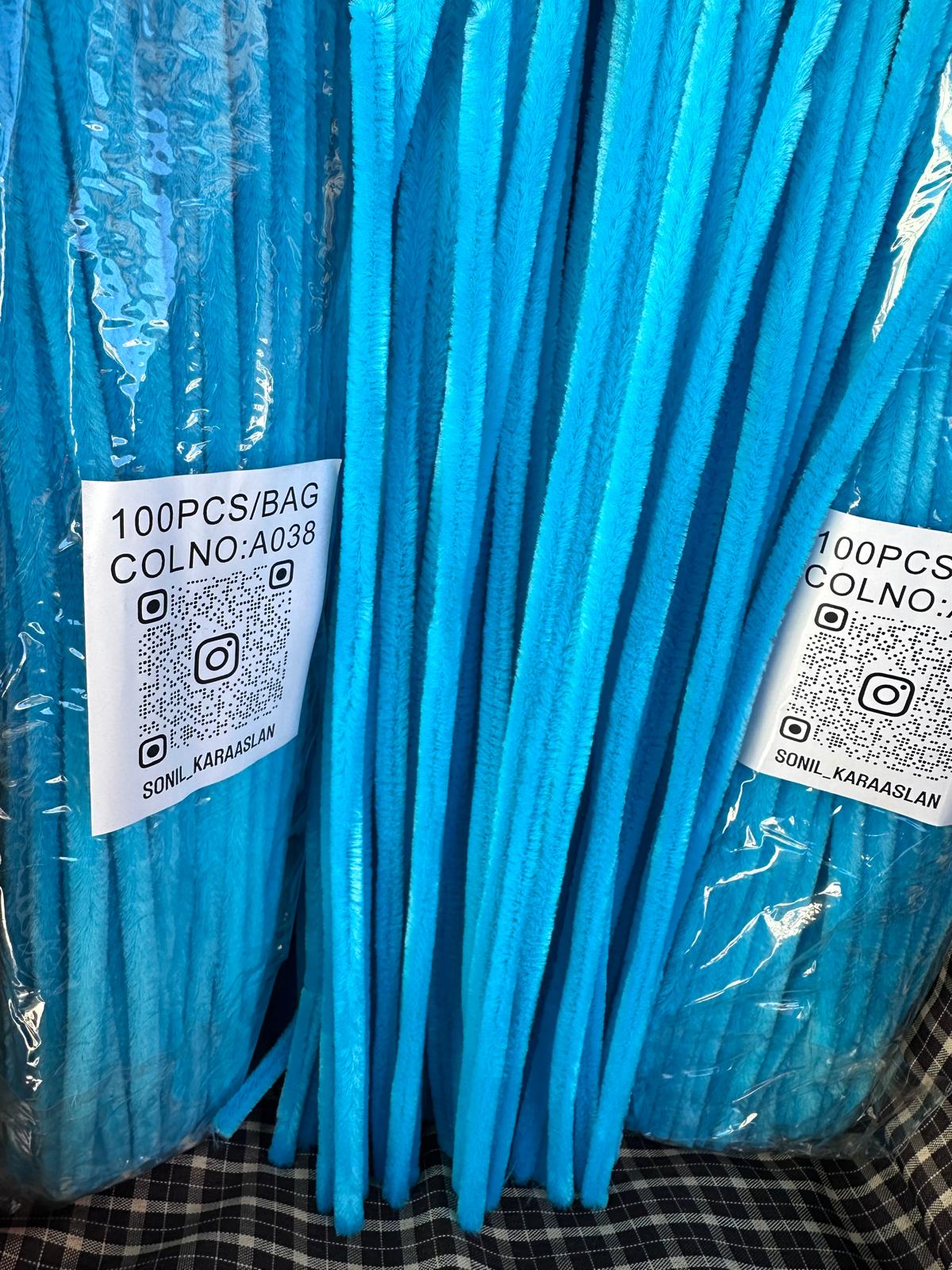 ŞÖNİL 100 LÜ MAVİ RENK KOD A038 30 CM -🛍️ YOĞUN TÜYLÜ HOBİ ÇUBUĞU TEL EL İŞİ 100 LÜ PAKET💐