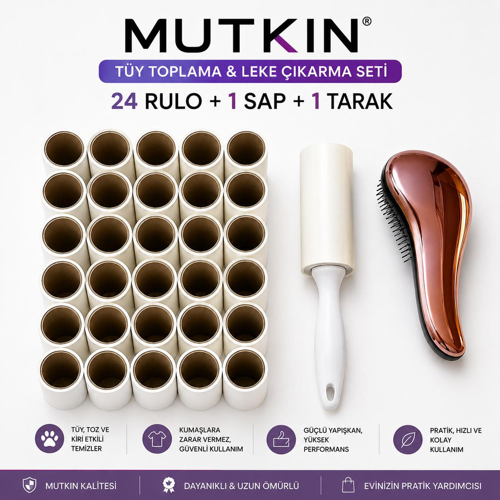 MUTKIN 24’lü Tüy Toplama Rulosu Seti + Sap + Saç Açıcı Tarak | Her Rulo 60 Yaprak Yapışkanlı Temizleme Rulosu