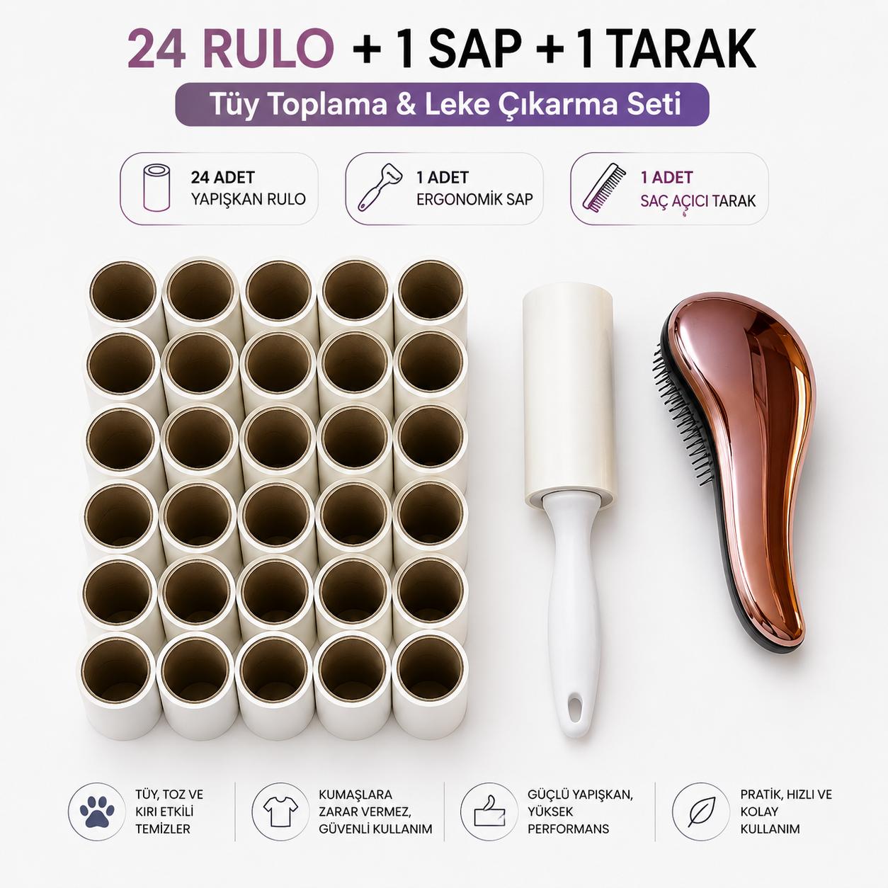 MUTKIN 24’lü Tüy Toplama Rulosu Seti + Sap + Saç Açıcı Tarak | Her Rulo 60 Yaprak Yapışkanlı Temizleme Rulosu