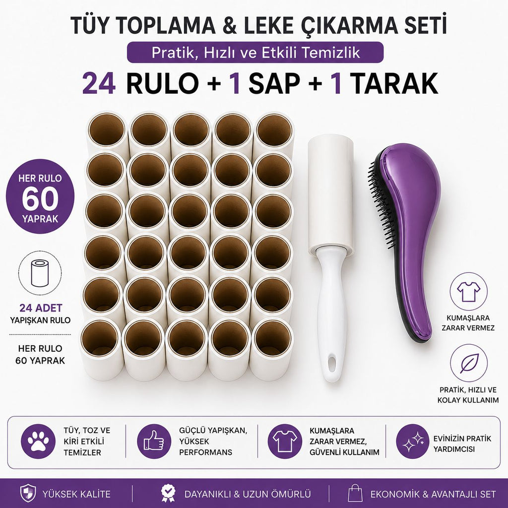 MUTKIN 24’lü Tüy Toplama Rulosu Seti + Sap + Saç Açıcı Tarak | Her Rulo 60 Yaprak Yapışkanlı Temizleme Rulosu
