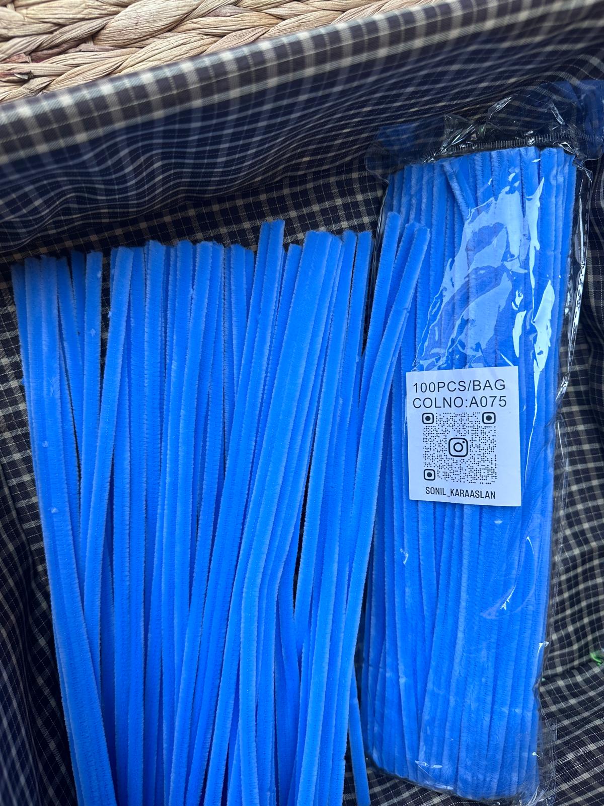 ŞÖNİL 100 LÜ MAVİ RENK KOD A075 30 CM -🛍️ YOĞUN TÜYLÜ HOBİ ÇUBUĞU TEL EL İŞİ 100 LÜ PAKET💐