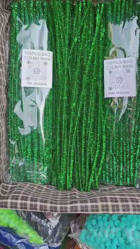 ŞÖNİL 100 LÜ SİMLİ YEŞİL RENK KOD B006 30 CM -🛍️ YOĞUN TÜYLÜ HOBİ ÇUBUĞU TEL EL İŞİ 100 LÜ PAKET💐