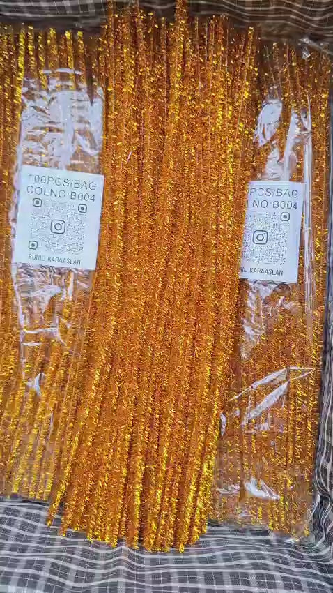 RENK KOD B004 ŞÖNİL 100 LÜ GOLD SİMLİ 30 CM -🛍️ YOĞUN TÜYLÜ HOBİ ÇUBUĞU TEL EL İŞİ 100 LÜ PAKET💐