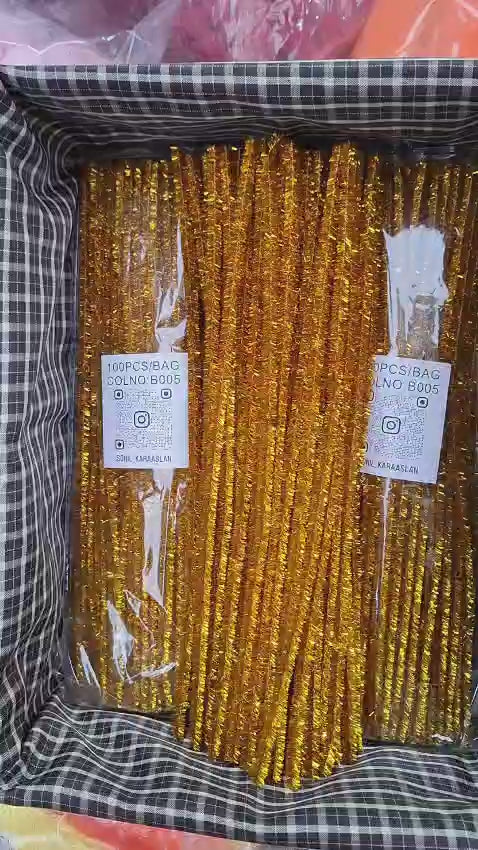 ŞÖNİL 100 LÜ GOLD ALTIN SİMLİ RENK KOD B005 30 CM -🛍️ YOĞUN TÜYLÜ TEL EL İŞİ 100 LÜ PAKET💐