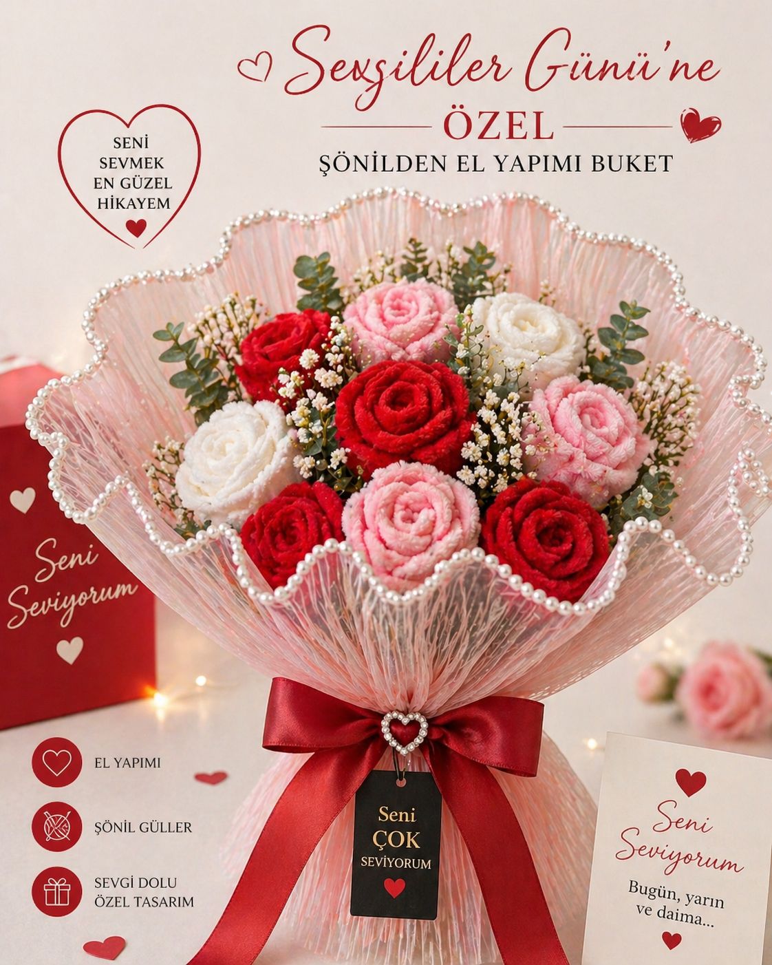İncili Somon Çiçek Buketi Sarma Tülü 27 cm x 3,5 m – Şönil Çiçek Buket Kağıdı, Dekoratif Ambalaj Tül