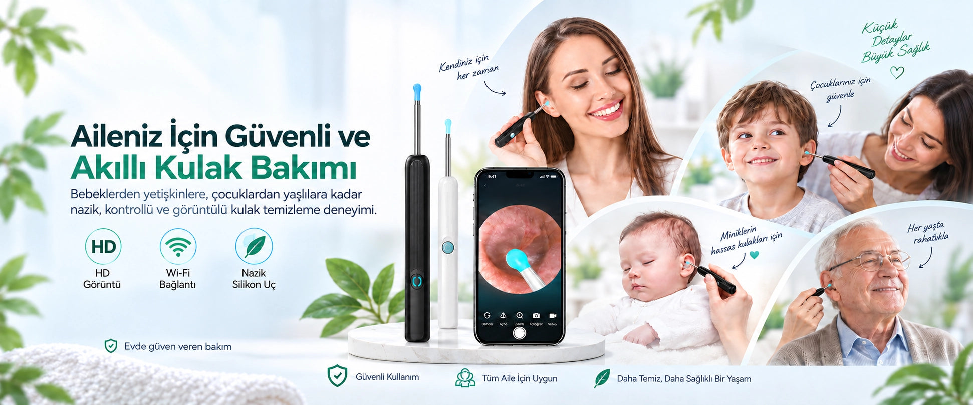 Mutkin cihazı ve telefonda görüntü; yetişkinler, ebeveyn eşliğinde çocuklar ve ileri yaş yetişkin kullanım bağlamı